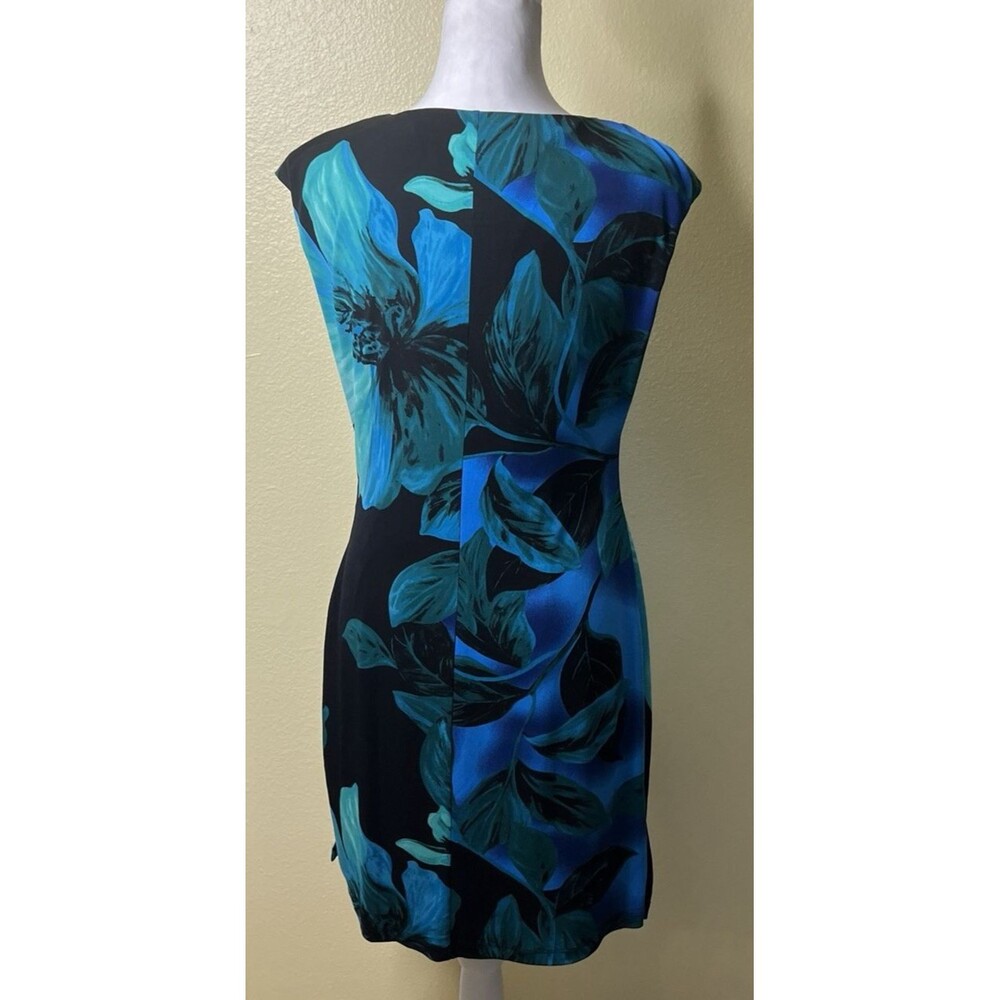RN Studio Ronni Nicole Black Blue Green Floral Faux Wrap Ruched Keyhole Sz 10P - Picture 4 of 8